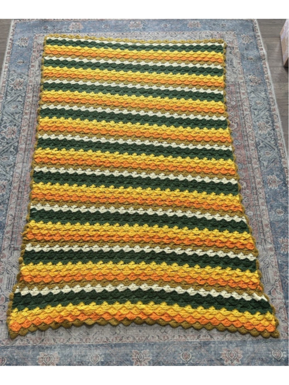 Vintage Crochet Handmade Afghan Throw Blanket Chevron 43x71” Green Orange Yellow